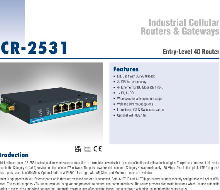 研華ICR-2531W ICR-2500, EMEA, 4x Ethernet , Wi-Fi, Metal, Without Accessories