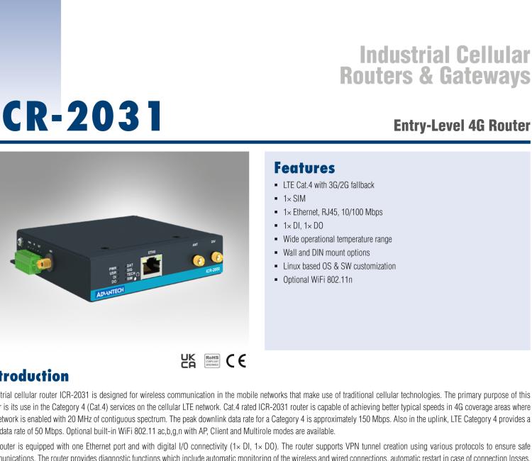 研華ICR-2031W ICR-2000, EMEA, 1x Ethernet, Wi-Fi, Metal, Without Accessories