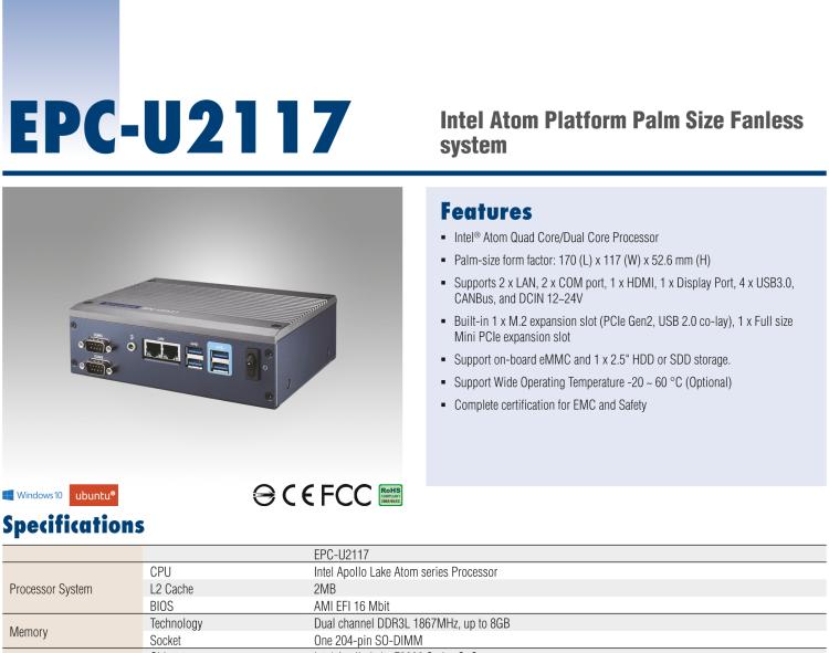 研華EPC-U2117 Intel Atom第六代Apollo Lake無風扇嵌入式工控機，板載eMMC，CANBUS