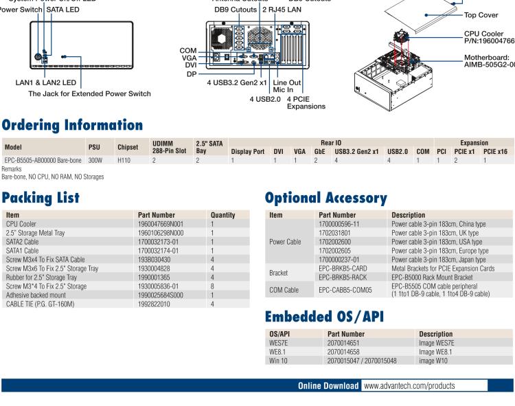 研華EPC-B5505 適配Intel? 第6/7代 Core ? i/Xeon E3系列處理器，搭載H110芯片組。標(biāo)準(zhǔn)4U上架，廣泛適用于各種行業(yè)。