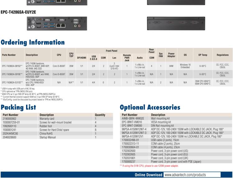 研華EPC-T4286 適配Intel? 第8/9代 Core? i 系列處理器，搭載H310芯片組。1U超薄高度，性能強(qiáng)勁。