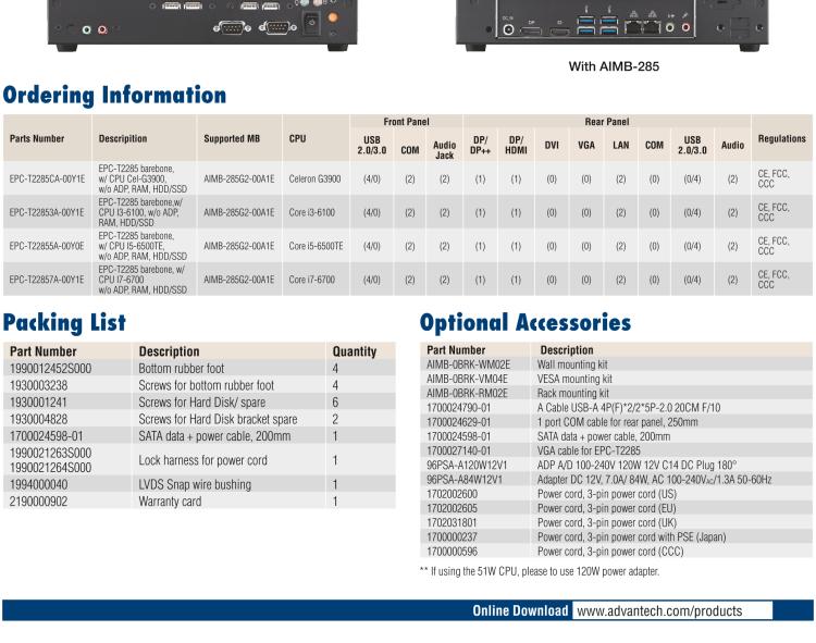 研華EPC-T2285 適配Intel? 第6/7代 Core? i 系列處理器，搭載H110芯片組。1U超薄高度，性能強勁。