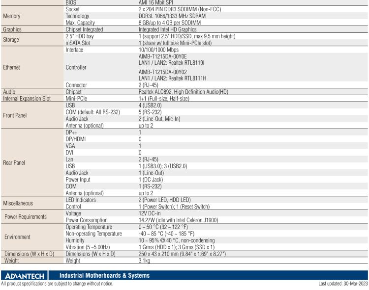 研華EPC-T1215 板載Intel? 第4代 賽揚(yáng) J1900 處理器。支持無風(fēng)扇設(shè)計(jì)，1U超薄高度，支持上架，高性價(jià)比解決方案。