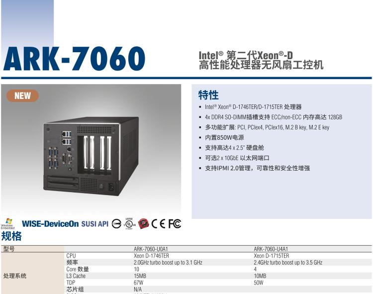 研華ARK-7060 搭載Intel二代Xeon D-1700高性能處理器系統(tǒng)，具有3個擴展插槽