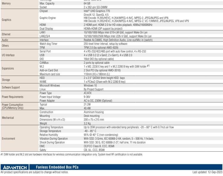 研華ARK-3533 Intel? 12&13th Gen Core? i3/i5/i7/i9 LGA1700 Expansion Fanless Box PC