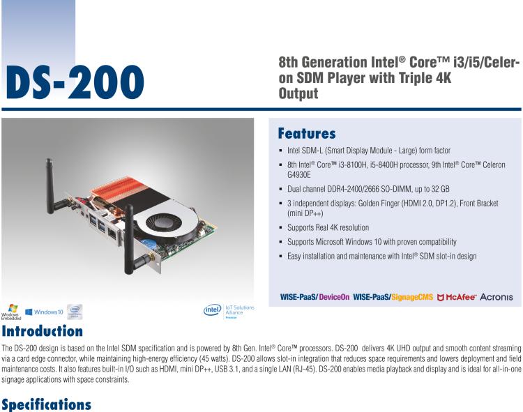 研華DS-200 Intel ? 第八代 Core? i3/i5 SDM，支持4K三顯的數(shù)字標(biāo)牌播放器