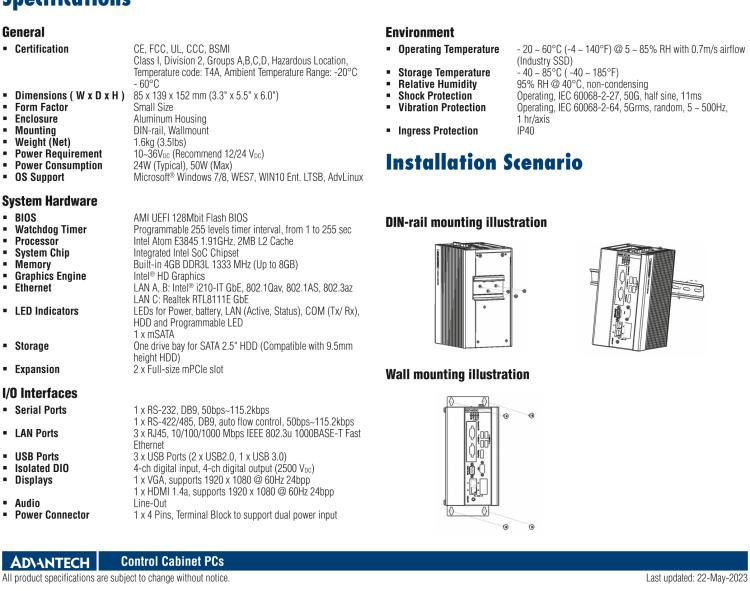 研華UNO-1372GH 通過Class I，Division 2認(rèn)證的導(dǎo)軌安裝工業(yè)控制器，搭配英特爾?凌動?四核處理器