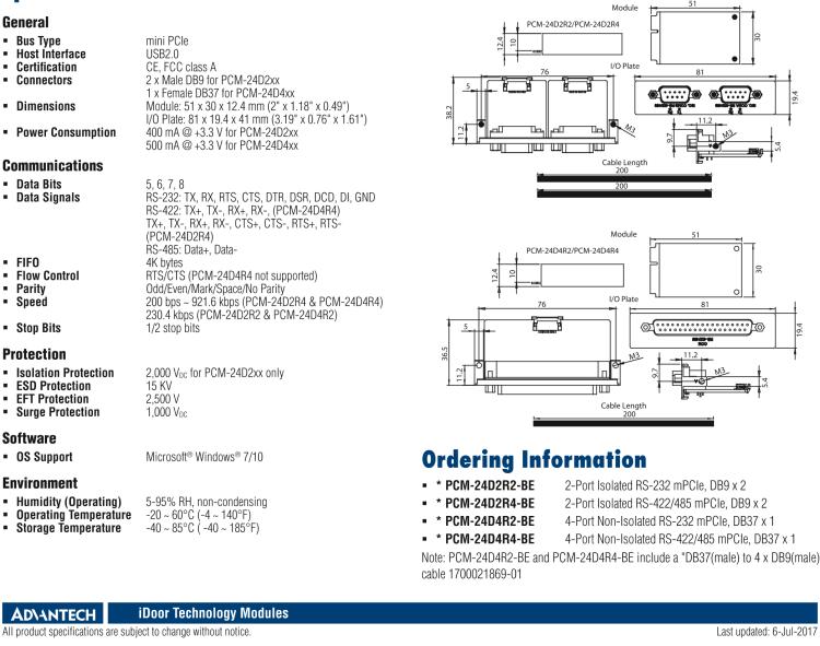 研華PCM-24D2R2 2端口隔離 RS-232 mPCIe, DB9