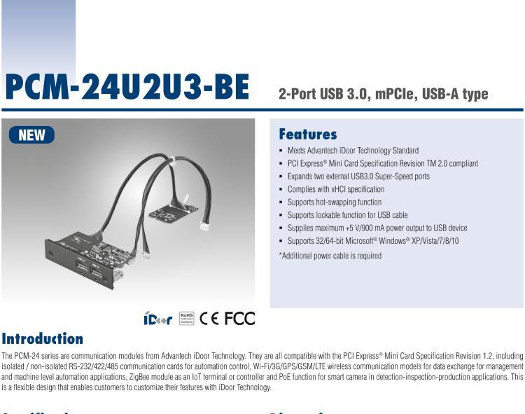 研華PCM-24U2U3 2端口USB 3.0，mPCIe，USB-A型