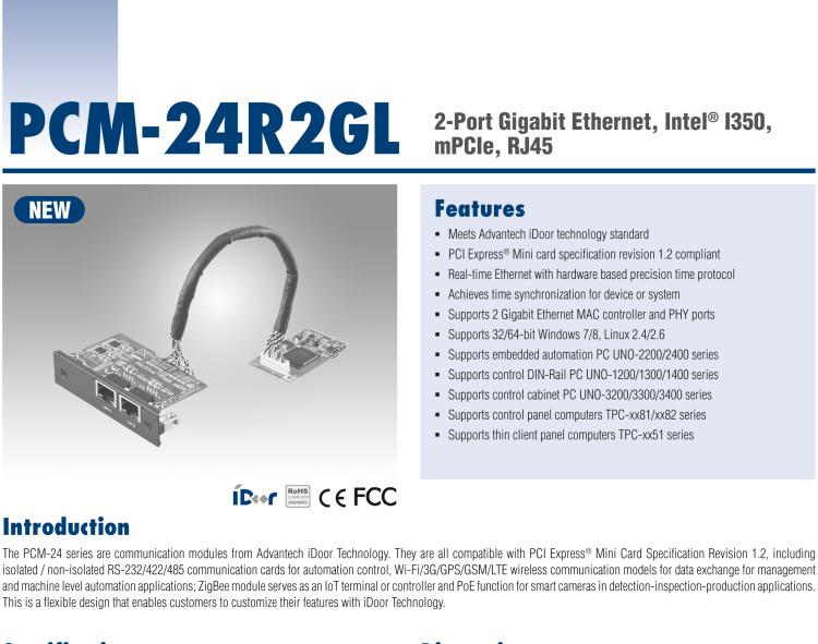 研華PCM-24R2GL 2端口千兆以太網(wǎng)，mPCIe，RJ45