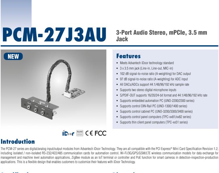 研華PCM-27J3AU 3端口立體聲音頻，mPCIe，3.5毫米插孔