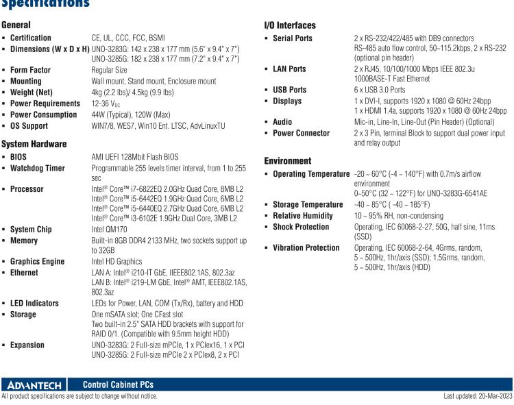 研華UNO-3283G 高效能嵌入式無風(fēng)扇工業(yè)電腦，搭配Intel? Core? i 處理器，2×GbE, 2×mPCIe, HDMI, DVI-I