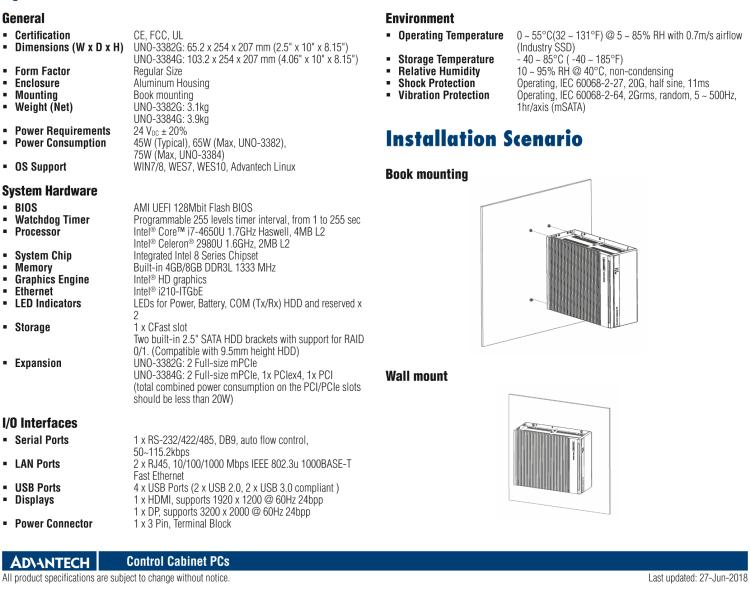 研華UNO-3382G Intel? Core? i7/Celeron控制柜PC，2 x GbE, 2 x mPCIe, HDMI/DP