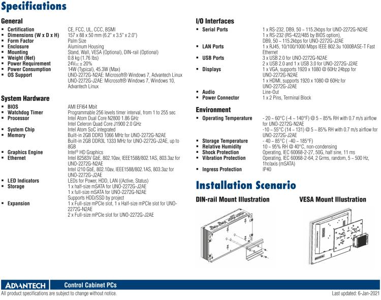 研華UNO-2272G 袖珍型嵌入式工控機(jī)，搭配Intel? Atom?處理器，1 x GbE, 2 x mPCIe, VGA/HDMI