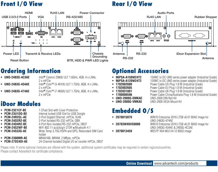 研華UNO-2483G 標準型嵌入式無風扇工業(yè)電腦，搭配Intel? Core? i7/i3/Celeron處理器，4×GbE, 3×mPCIe, HDMI/VGA