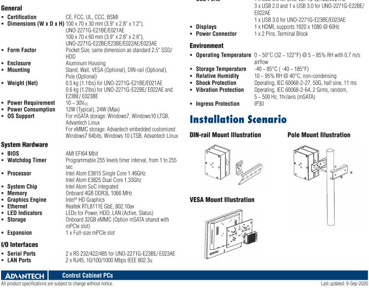 研華UNO-2271G 小型智慧工廠數(shù)據(jù)網(wǎng)關，搭載Intel? Atom?處理器，2 x GbE, 1 x mPCIe, HDMI, eMMC