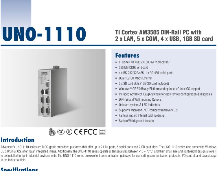 研華UNO-1110 導(dǎo)軌安裝型工業(yè)控制器，搭配TI Coretex AM3505 處理器，2×LAN，5×COM，4×USB，1 GB SD卡