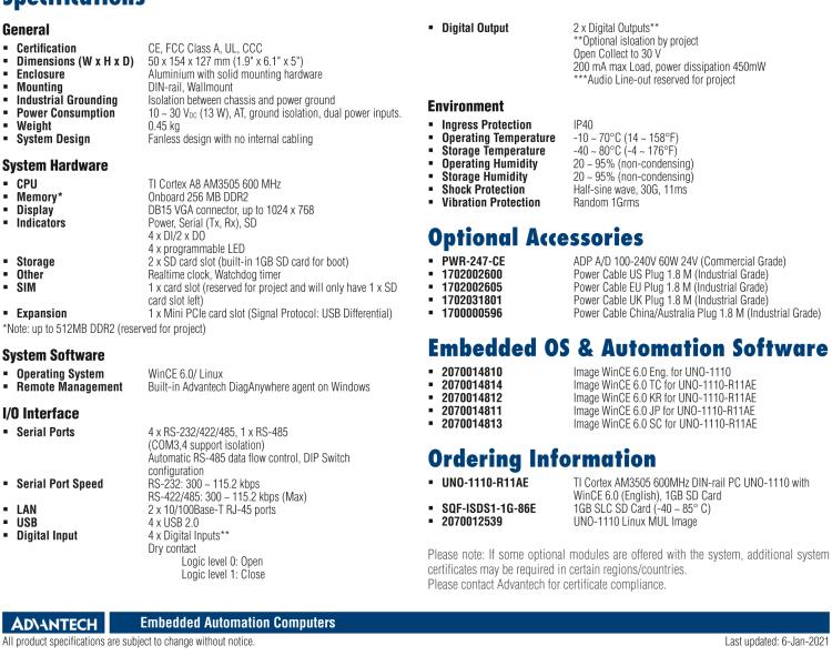 研華UNO-1110 導(dǎo)軌安裝型工業(yè)控制器，搭配TI Coretex AM3505 處理器，2×LAN，5×COM，4×USB，1 GB SD卡