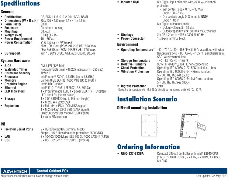 研華UNO-137 DIN導(dǎo)軌控制器，配備Intel?Atom?E3940 CPU、2個(gè)LAN、2個(gè)COM、3個(gè)USB 3.0、1個(gè)USB 2.0、2個(gè)DP 1.2、8個(gè)DI、8個(gè)DO、1個(gè)M.2、1個(gè)mPCIe、TPM 2.0