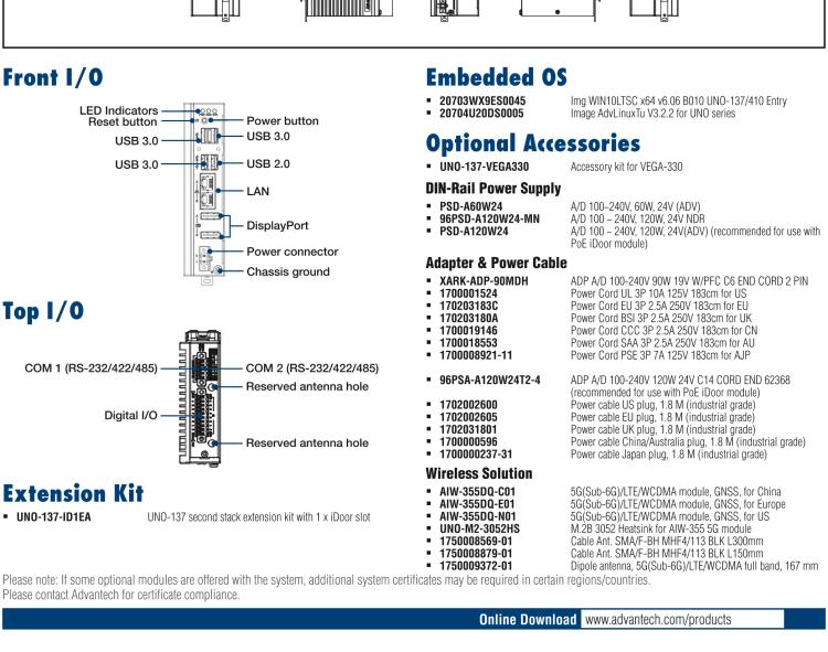 研華UNO-137 DIN導(dǎo)軌控制器，配備Intel?Atom?E3940 CPU、2個(gè)LAN、2個(gè)COM、3個(gè)USB 3.0、1個(gè)USB 2.0、2個(gè)DP 1.2、8個(gè)DI、8個(gè)DO、1個(gè)M.2、1個(gè)mPCIe、TPM 2.0