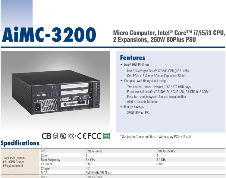 研華AiMC-3200 智能微型工控機(jī)，Intel Core i7/i5/i3 CPU,2 擴(kuò)展槽，250W 80 Plus PSU