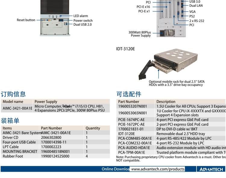 研華AIMC-3421 智能微型計(jì)算機(jī)，支持英特爾酷睿? i7/i5/i3 CPU,H81芯片組，4個(gè)擴(kuò)展槽2PCI/2PCIe,300W 80Plus 電源