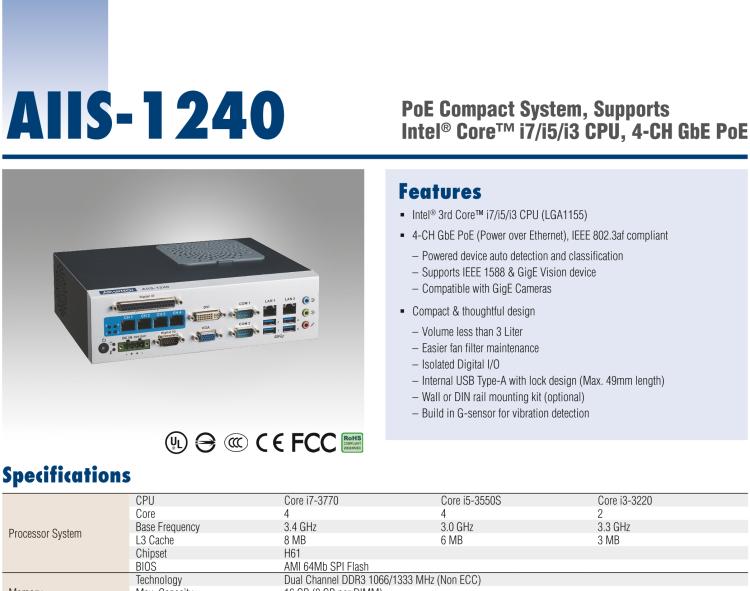 研華AIIS-1240 機器視覺工控機，支持英特爾酷睿? i7/i5/i 3 CPU,有源以太網(wǎng)緊湊型系統(tǒng), 4通路千兆網(wǎng)供電