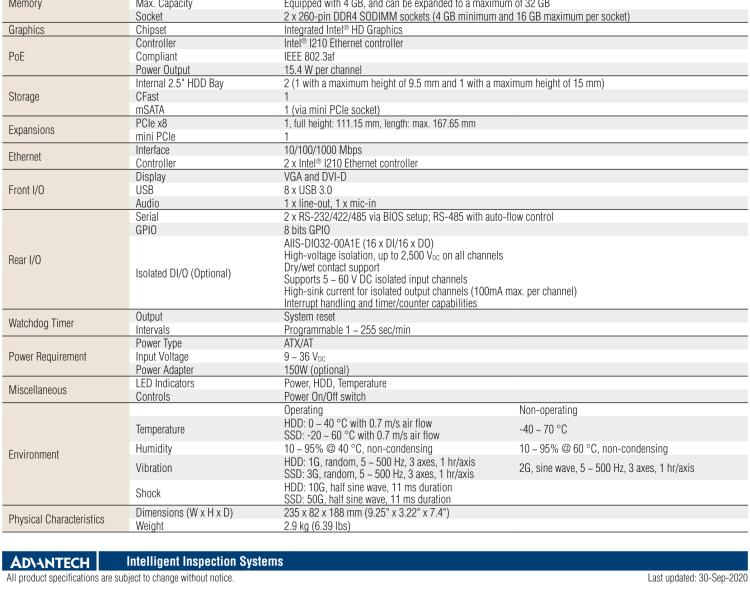 研華AIIS-5410P 無風扇視覺系統(tǒng)，Intel Core? i 處理器，4通道 GigE PoE 相機界面和 PCIe 插槽