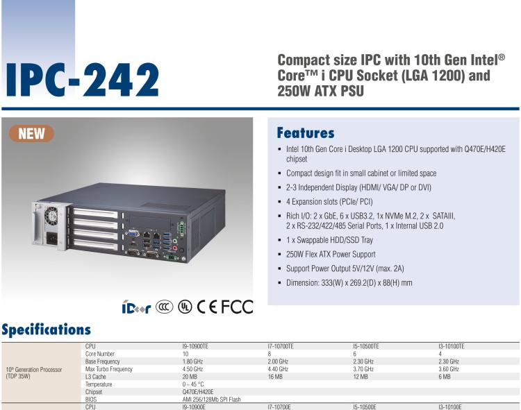 研華IPC-242 搭載第十代Intel? Core? i CPU 插槽(LGA 1200) 和250W ATX PSU緊湊型工控機