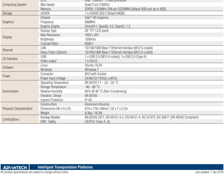 研華ARS-P2800 EN 50155 Intel? Celeron? J1900 28” 無(wú)風(fēng)扇設(shè)計(jì)之列車車輛 Panel PC