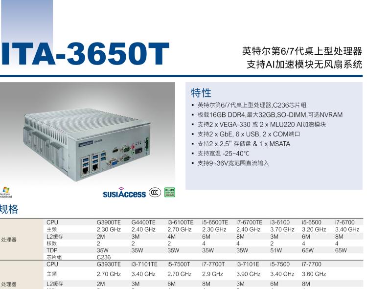 研華ITA-3650T 英特爾第6/7代桌上型處理器支持AI加速模塊無風(fēng)扇系統(tǒng)