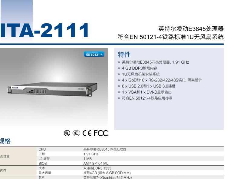 研華ITA-2111 英特爾?凌動?E3845 1U無風(fēng)扇系統(tǒng)； 符合EN 50121-4的鐵路應(yīng)用