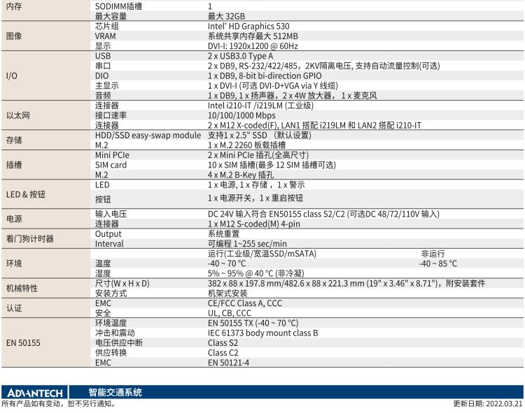 研華ITA-5231W 英特爾?第六代酷睿?i處理器無風(fēng)扇系統(tǒng)；符合EN 50155的鐵路應(yīng)用