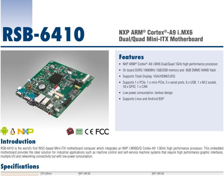 研華RSB-6410 基于NXP ARM Cortex-A9 i.MX6 Dual/Quad 的Mini-ITX工業(yè)主板， 支持Linux Yocto/Android