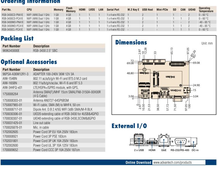 研華RSB-3430 基于NXP Arm Cortex-A9 i.MX6平臺,精簡功能的2.5寸緊湊型單板電腦。搭配UIO20/40可快速擴(kuò)展各種外設(shè)接口