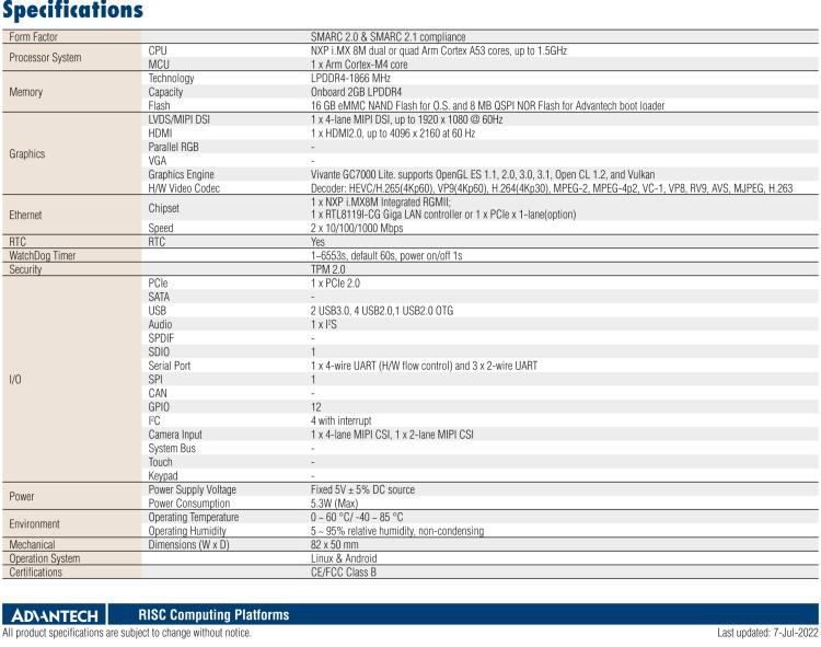 研華ROM-5720 基于NXP i.MX8M SMARC2.0 Arm核心板 ,支持4K顯示，豐富的I/O接口