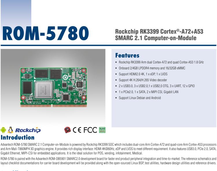 研華ROM-5780 Rockchip RK3399 Cortex?-A72+A53 SMARC 2.1 核心模塊