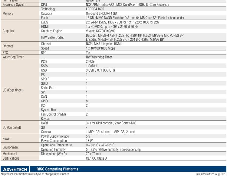 研華ROM-7720 基于NXP i.MX 8QM Qseven Arm核心模塊，多核異構(gòu)，具備優(yōu)異的計(jì)算及圖形顯示性能