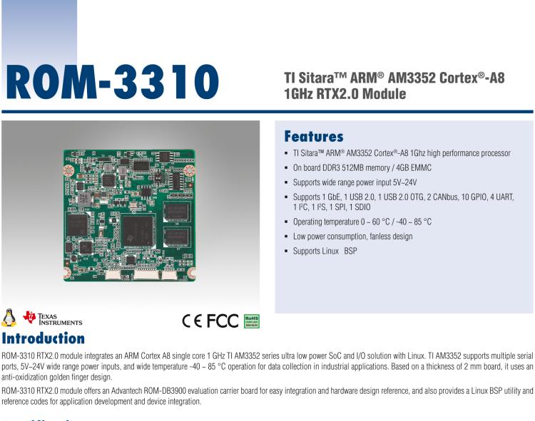 研華ROM-3310 基于TI AM3352 Cortex A8 1GHz RTX 2.0 的標準核心板，適用于寬溫抗震等工業(yè)自動化領(lǐng)域