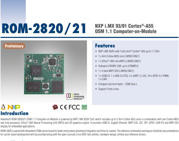 研華ROM-2820 NXP i.MX 93/91 Cortex?-A55 OSM 1.1 Computer-on-Module