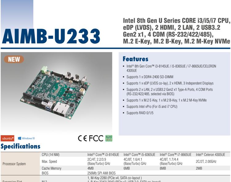 研華AIMB-U233 板載Intel 第8代 U系列 Core i3/i5/i7 處理器。低功耗高性能，無風(fēng)扇設(shè)計(jì)。