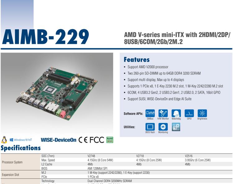 研華AIMB-229 板載AMD V2000系列8核/16線程CPU。視頻圖像處理性能強(qiáng)勁，接口豐富，超薄緊湊設(shè)計(jì)。