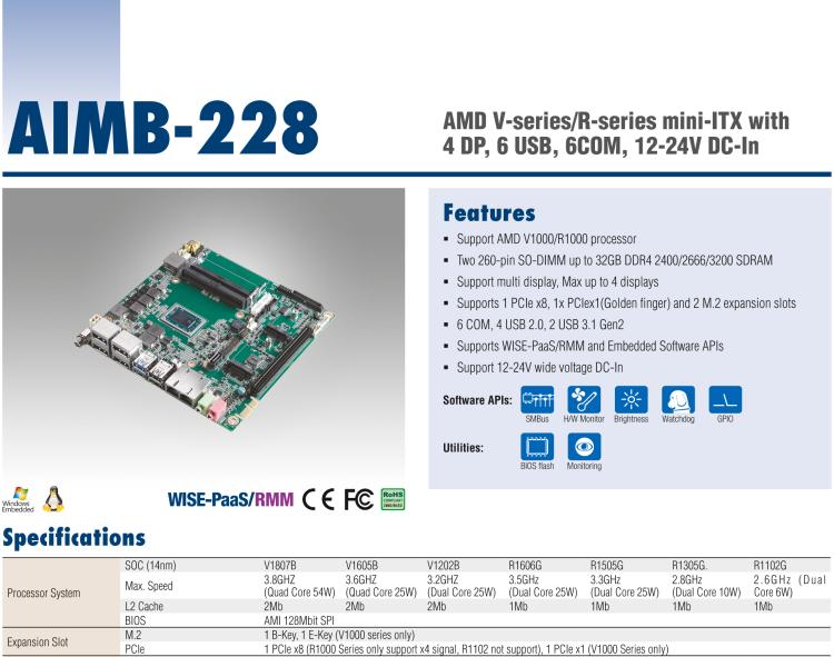 研華AIMB-228 板載AMD V系列/R系列處理器。超薄設計，支持寬壓，廣泛應用在圖像處理、醫(yī)療影像等行業(yè)上。