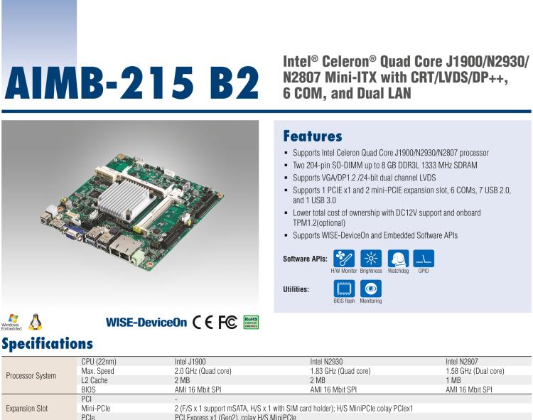 研華AIMB-215 板載Intel? 第4代 賽揚處理器。豐富的擴展，無風扇設(shè)計，支持寬溫寬壓。