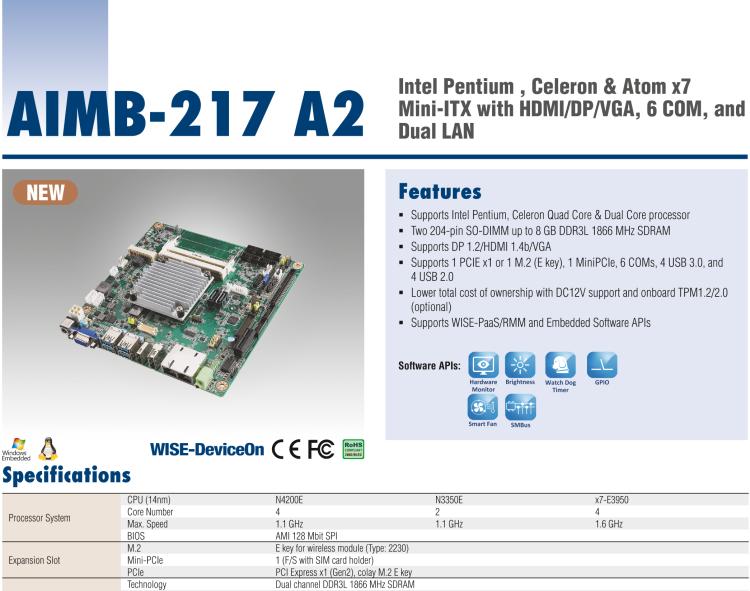 研華AIMB-217 板載Intel? 第6代 奔騰、賽揚(yáng)、凌動(dòng)系列處理器。擁有多COM和雙千兆網(wǎng)口，超薄緊湊，無風(fēng)扇設(shè)計(jì)，支持寬溫。