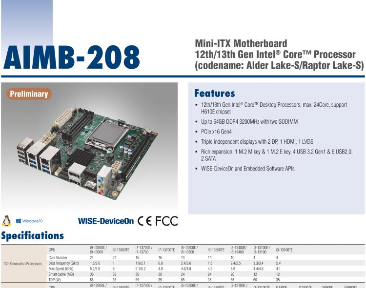 研華AIMB-208 適配Intel 第12/13代 Core i/奔騰系列處理器，搭載H110芯片組。高性價比，擁有豐富的擴展接口，通用性強，穩(wěn)定可靠。