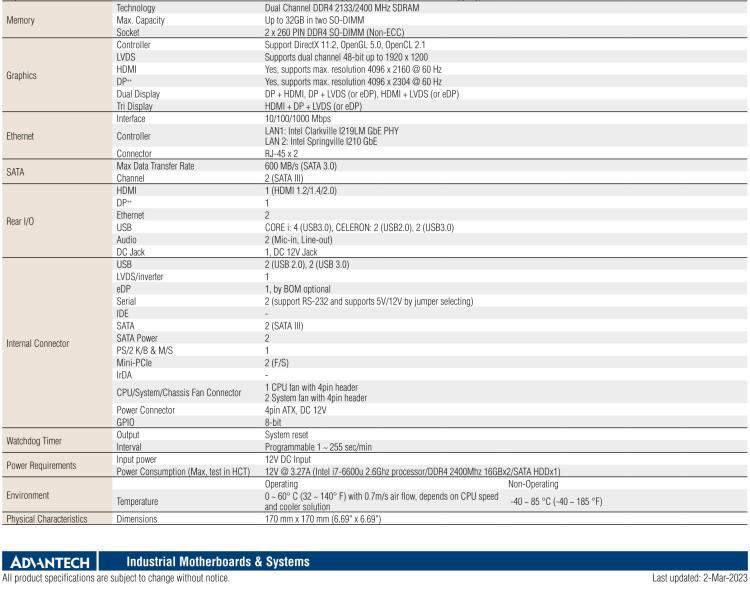 研華AIMB-232 板載Intel? 第6/7代 Core? i/賽揚(yáng) 處理器。超薄設(shè)計(jì)，無(wú)風(fēng)扇設(shè)計(jì)，支持寬溫。