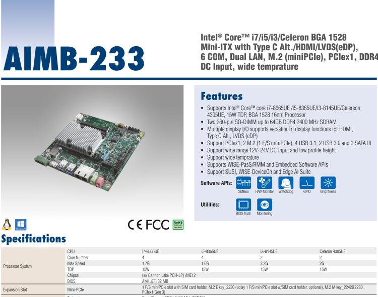 研華AIMB-233 板載Intel? 第8代 Core i 處理器。擁有Type C接口，滿足各類擴(kuò)展需求。低功耗，超薄緊湊，無風(fēng)扇設(shè)計(jì)，支持寬溫寬壓，性能強(qiáng)勁。