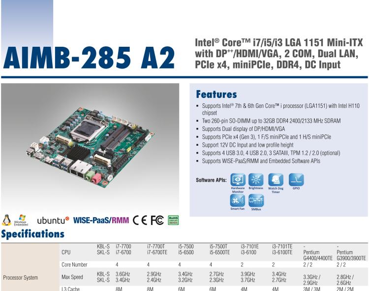 研華AIMB-285 適配Intel? 第6/7代 Core? i 處理器，搭載H110芯片組。超薄緊湊，是理想的高性價比解決方案。