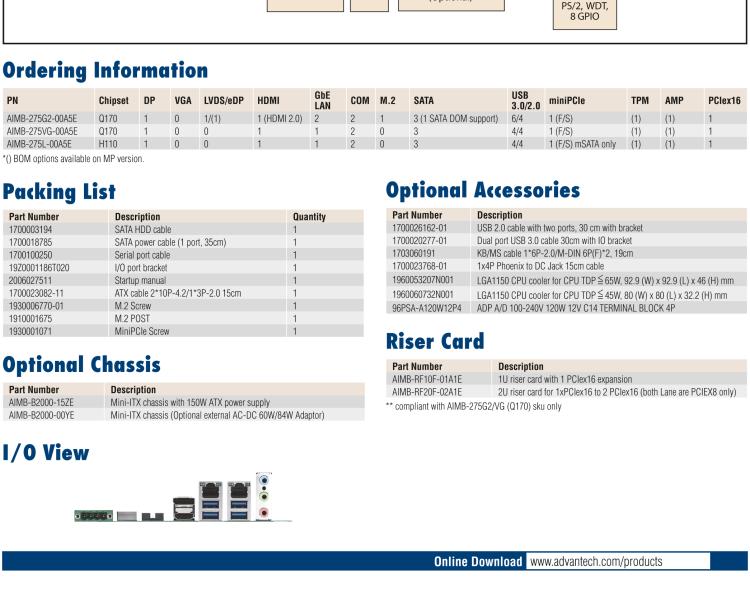 研華AIMB-275 適配Intel? 第6/7代 Core? i 處理器，搭載Intel Q170/H110芯片組。性能強(qiáng)勁，接口豐富。